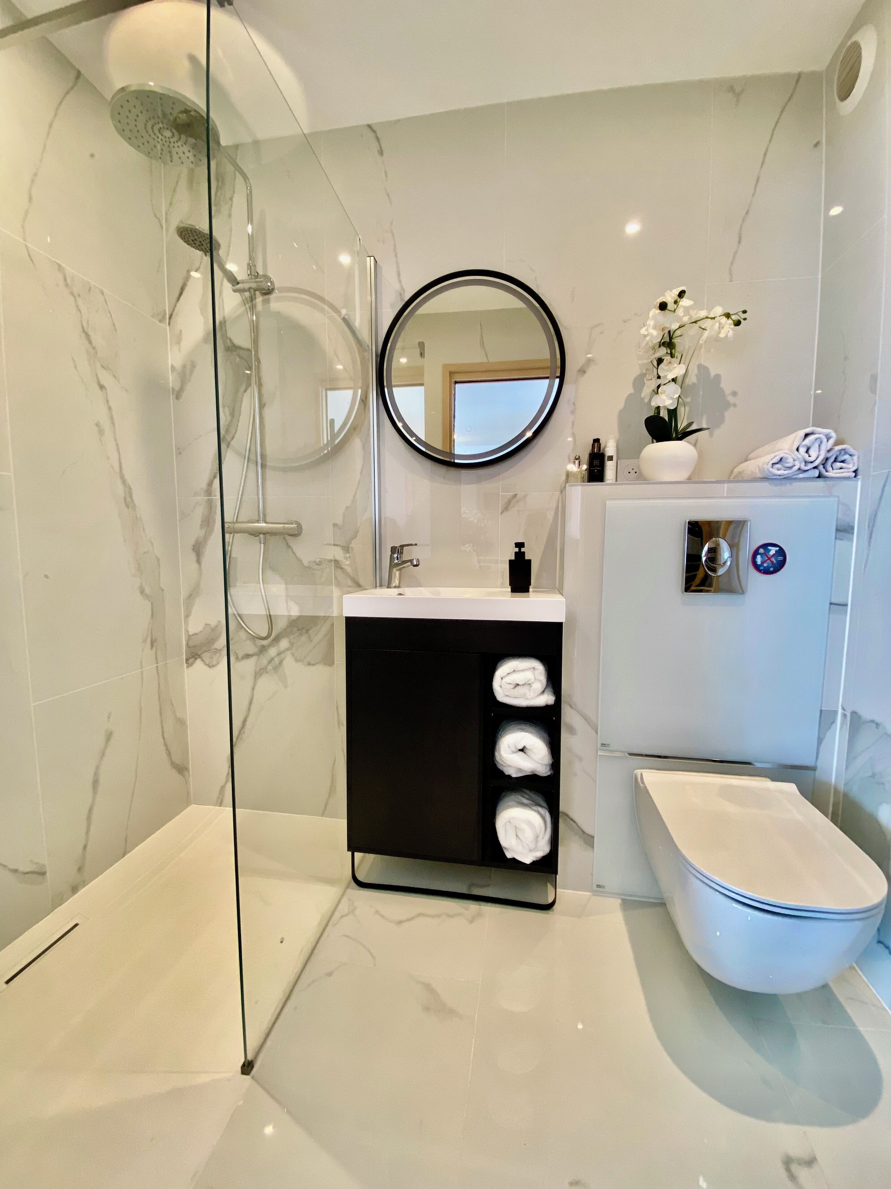 Shower, hair dryer, towels, soap