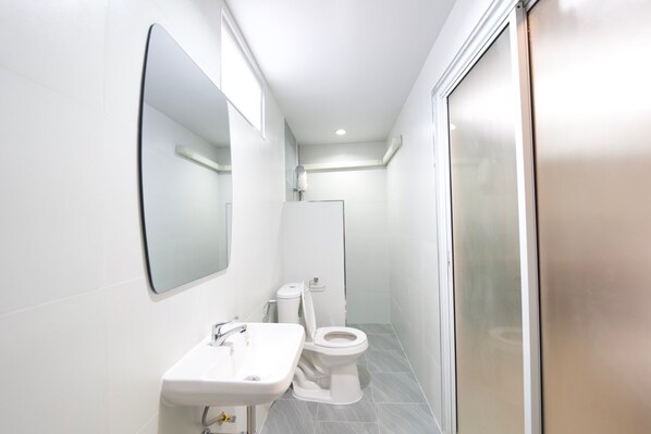 Une salle de bain moderne équipée d’un lavabo, d’un miroir, de toilettes et d’une zone douche.