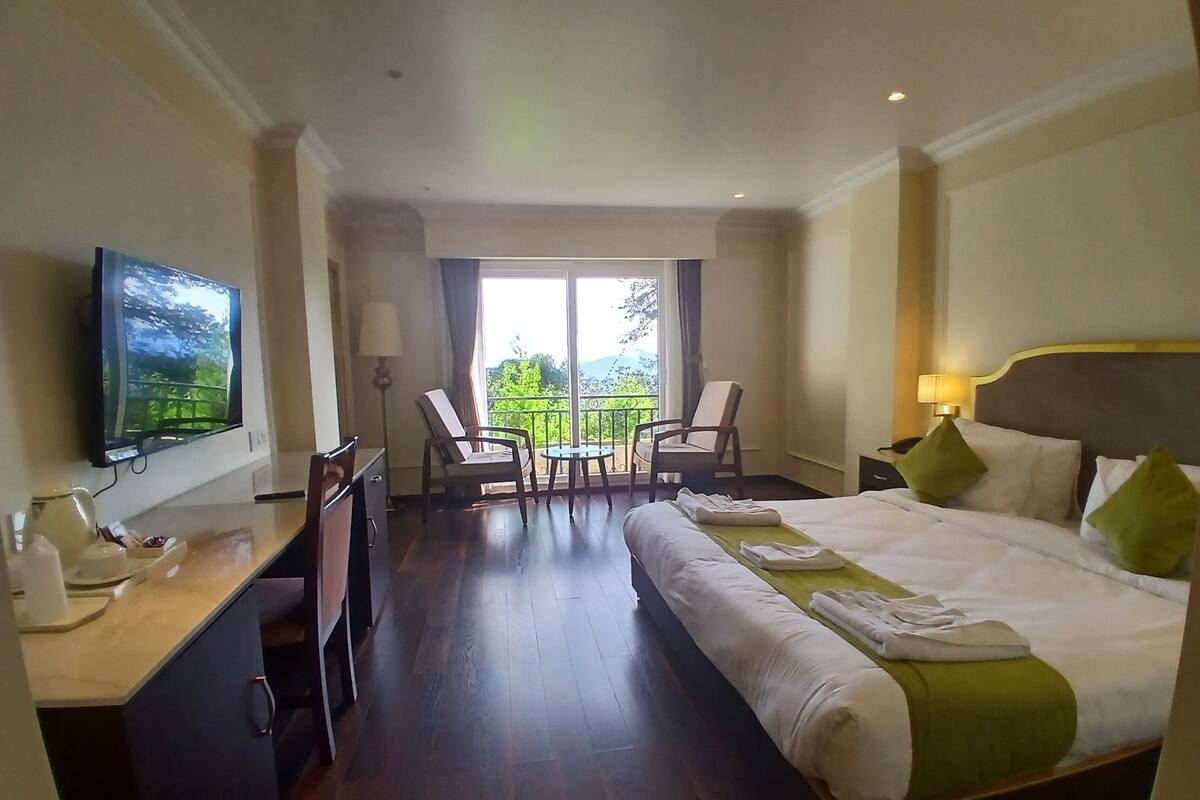 Une chambre d’hôtel comprenant un lit, un bureau, une télévision, un balcon avec des chaises et une vue sur la verdure.