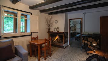 Televisio, takka, pöytätennispöytä