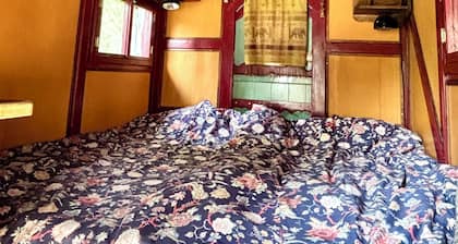 Cozy shepherd's hut in an edible landscape on a permaculture farm