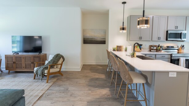 A modern kitchen with a large island, bar stools, and a dining area with a sofa and a TV. - Upscale Lodge Sleeps 9 Dog Friendly Near CU (Central)