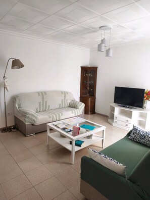 Una sala de estar con un sofá, una mesita de centro con libros, un mueble para la televisión y un armario.