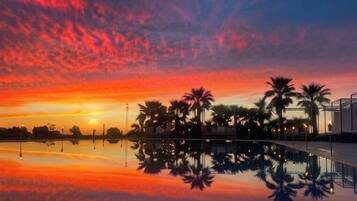 Un atardecer sobre un estanque reflectante con palmeras y un edificio moderno.