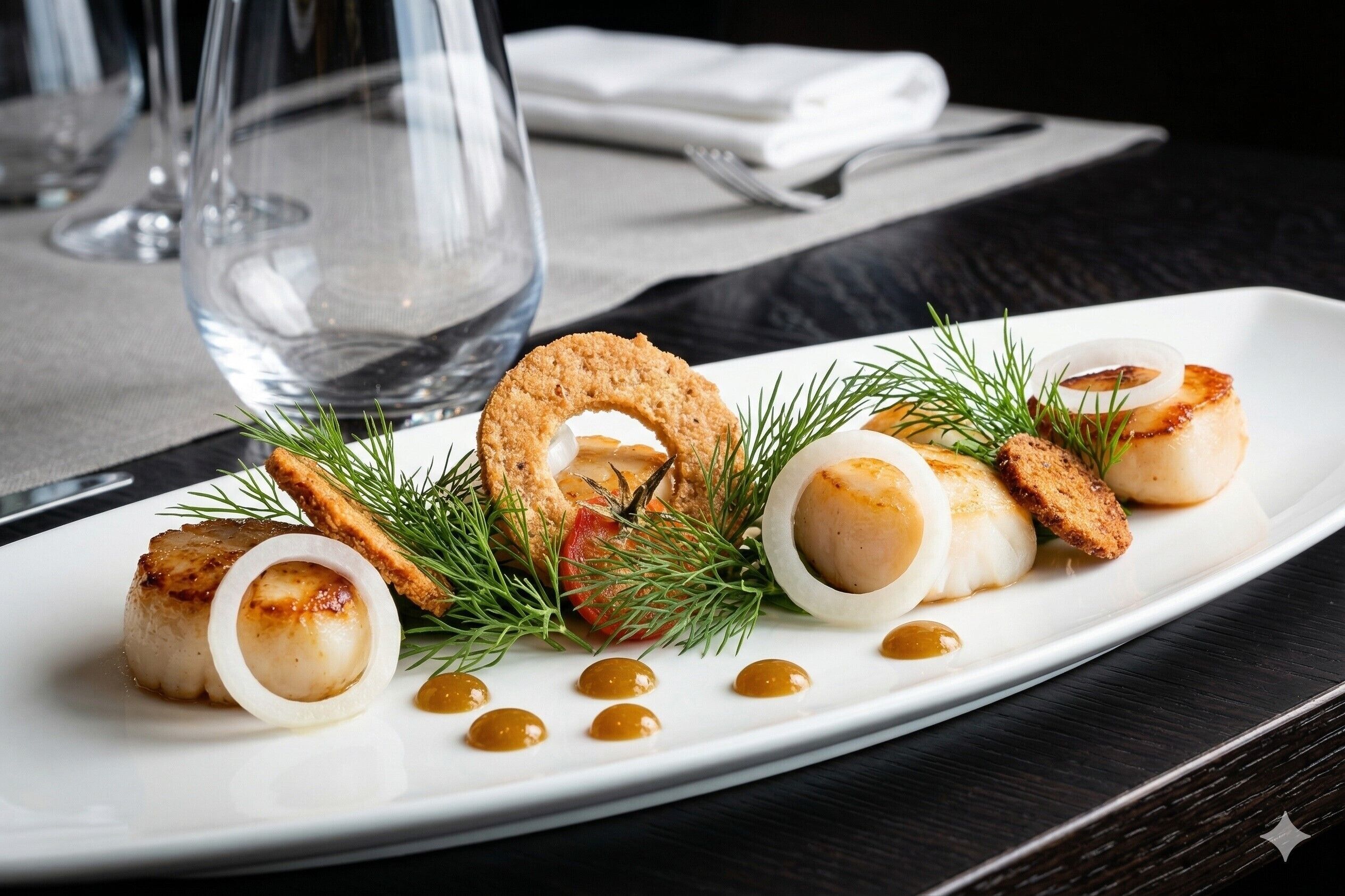 A white plate with seared scallops, a fried item, and garnishes on a dark table.
