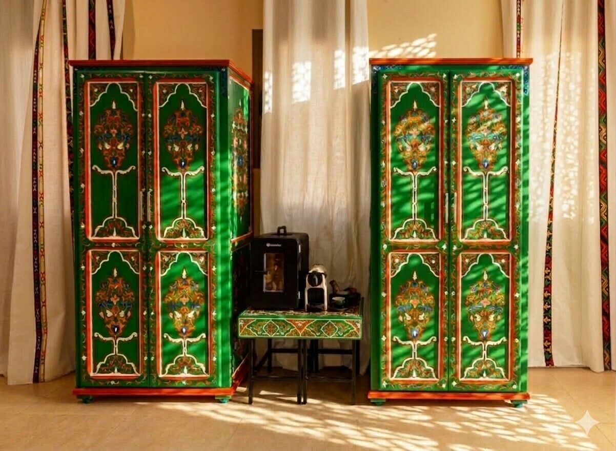 Two ornate green cabinets with intricate designs, a small table with a patterned cloth, and a black object on the table.