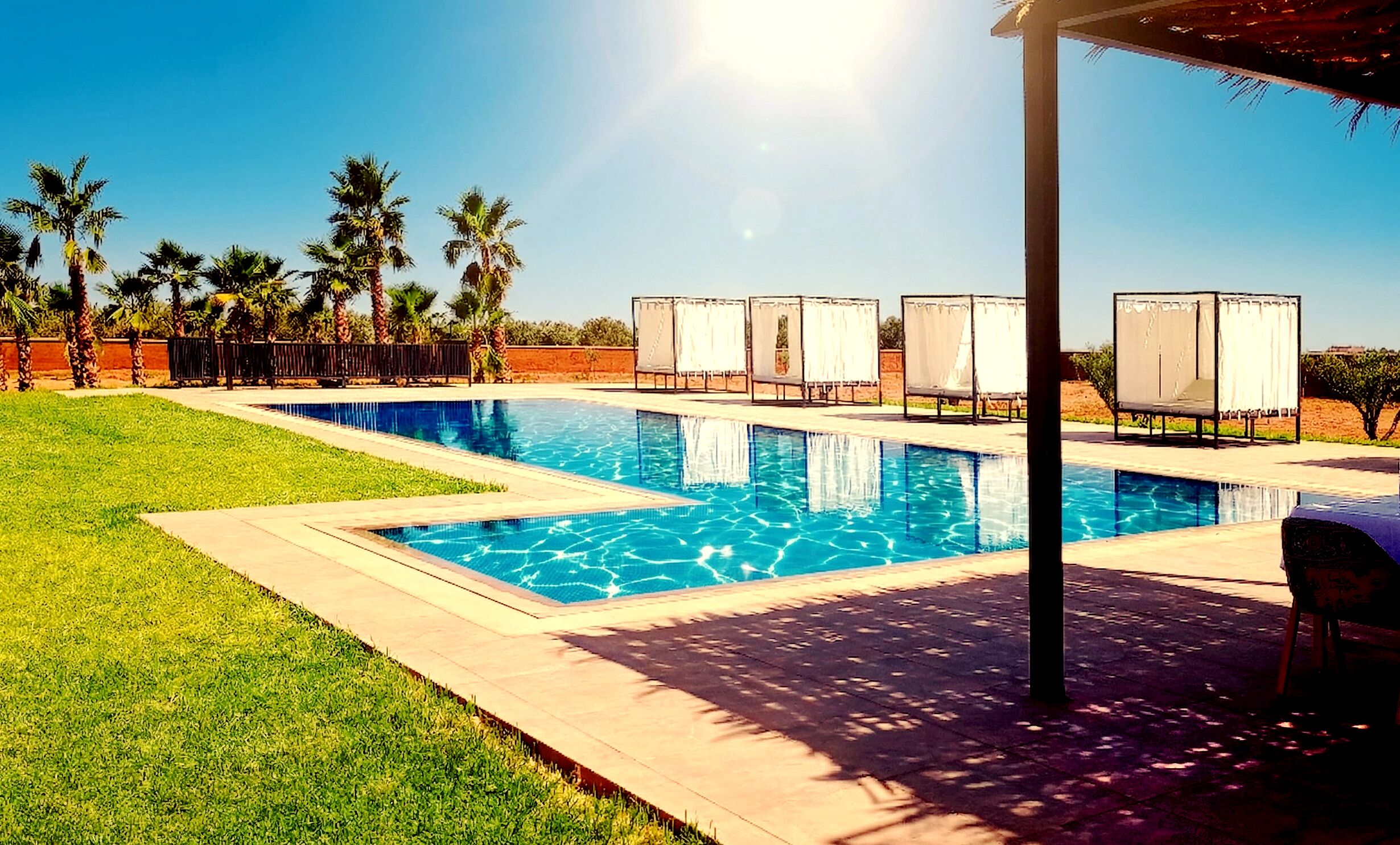A swimming pool with lounge chairs, palm trees, and a clear sky.