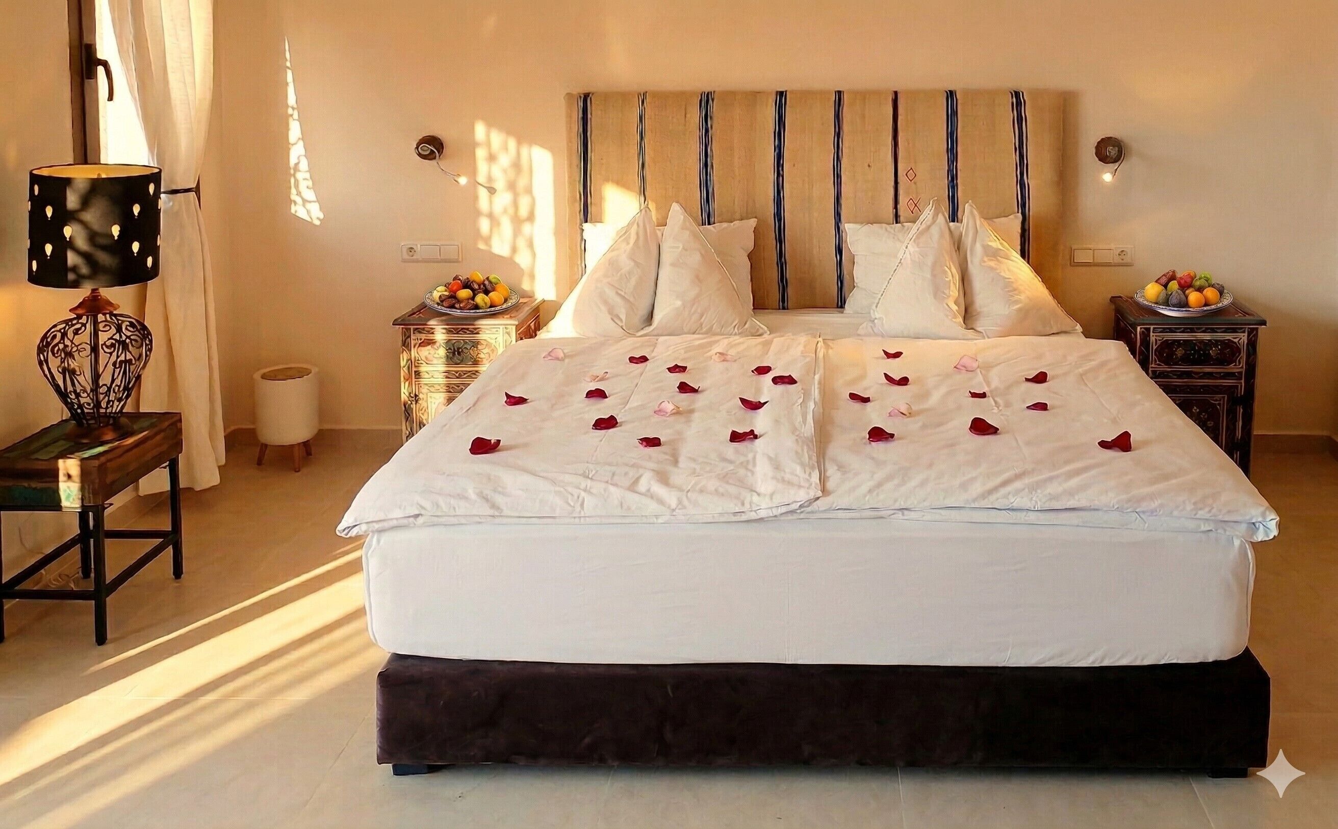 Uma cama de casal com roupa de cama branca e pétalas de rosa, uma cabeceira de madeira, mesas de cabeceira com frutas e uma luminária.