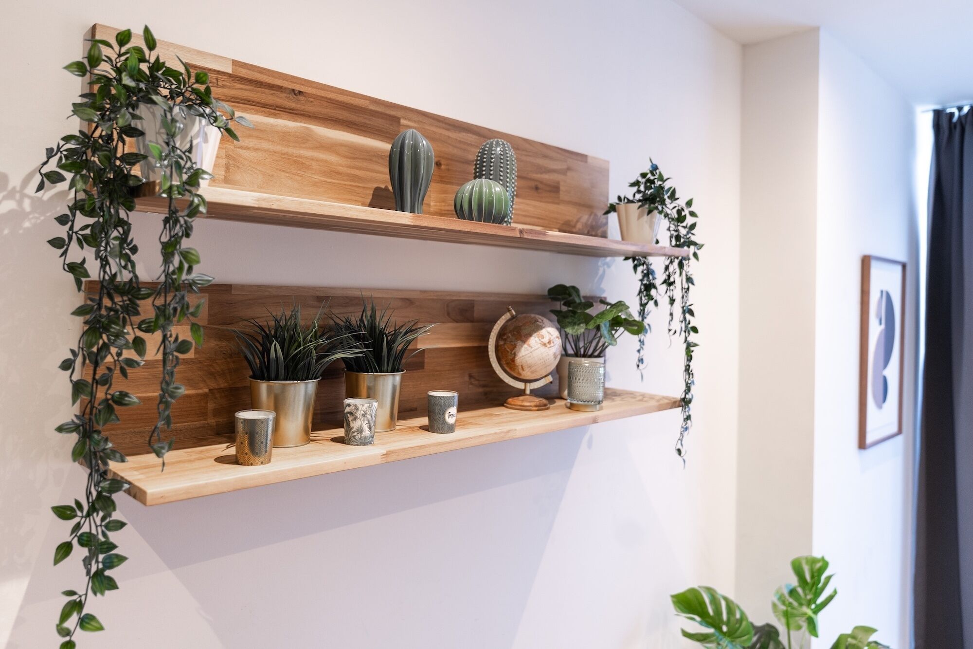 Een houten plank met plantenpotten en decoratieve objecten.