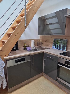 Fridge, oven, stovetop, dishwasher - Modern vacation apartment in the countryside - lakes, cycle paths & events nearby, 2 pers. (Korbach)