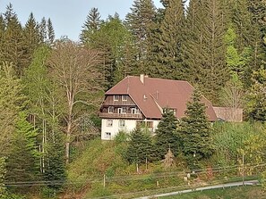 A two-story house with a sloped roof, surrounded by dense forest. - Holiday Apartment with Wi-Fi (Lauterbach)