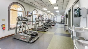 A gym with treadmills, ellipticals, and a water fountain.