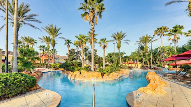 A pool area with palm trees, lounge chairs, and a clear sky.