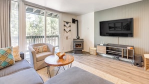 Un salon moderne avec un canapé, un fauteuil, une table basse, une cheminée, un téléviseur et un plancher en bois.