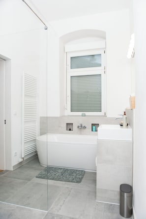 Hair dryer, towels, soap, toilet paper
