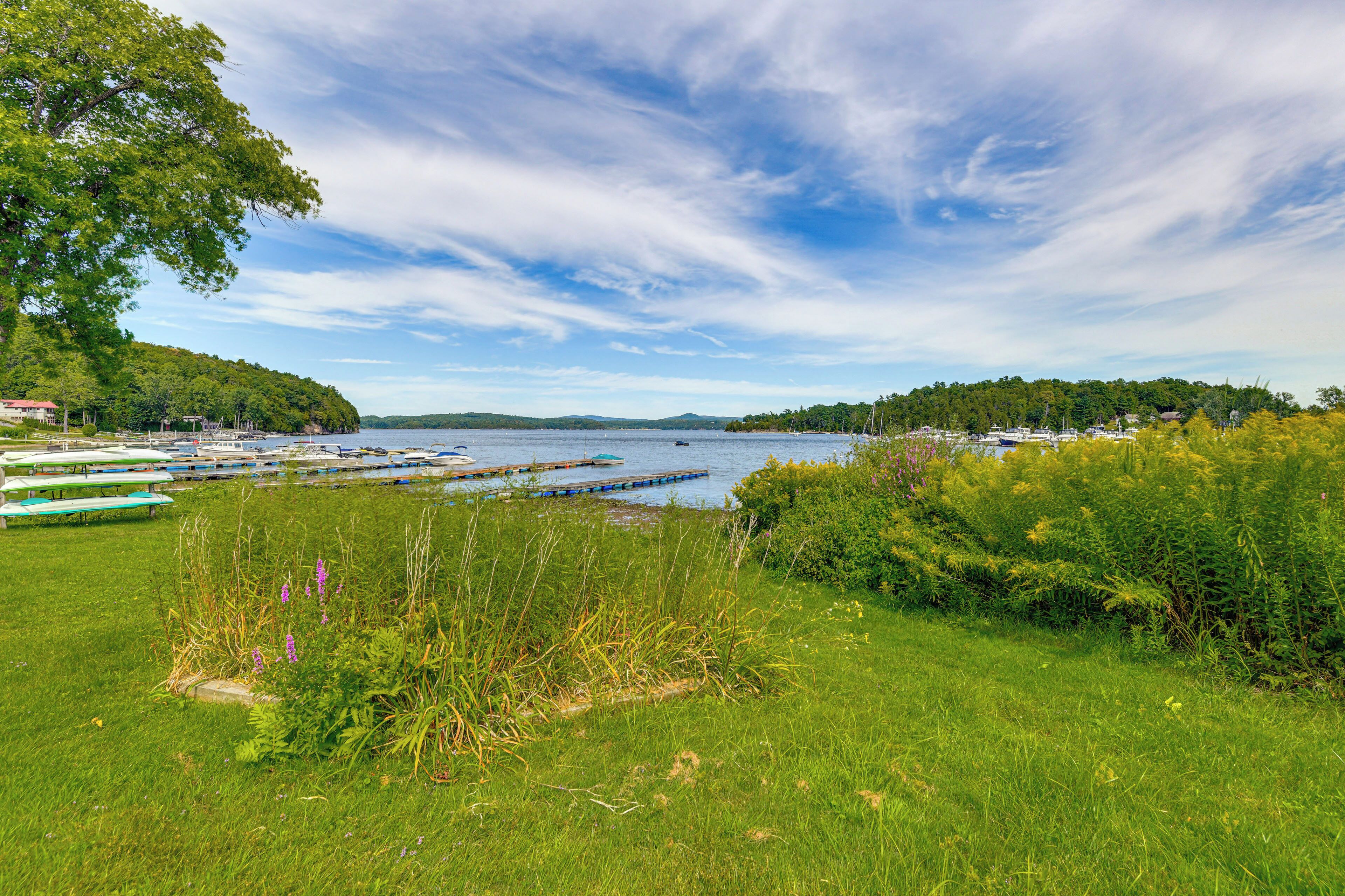 A lakeside view with boats docked, grassy areas, and trees.