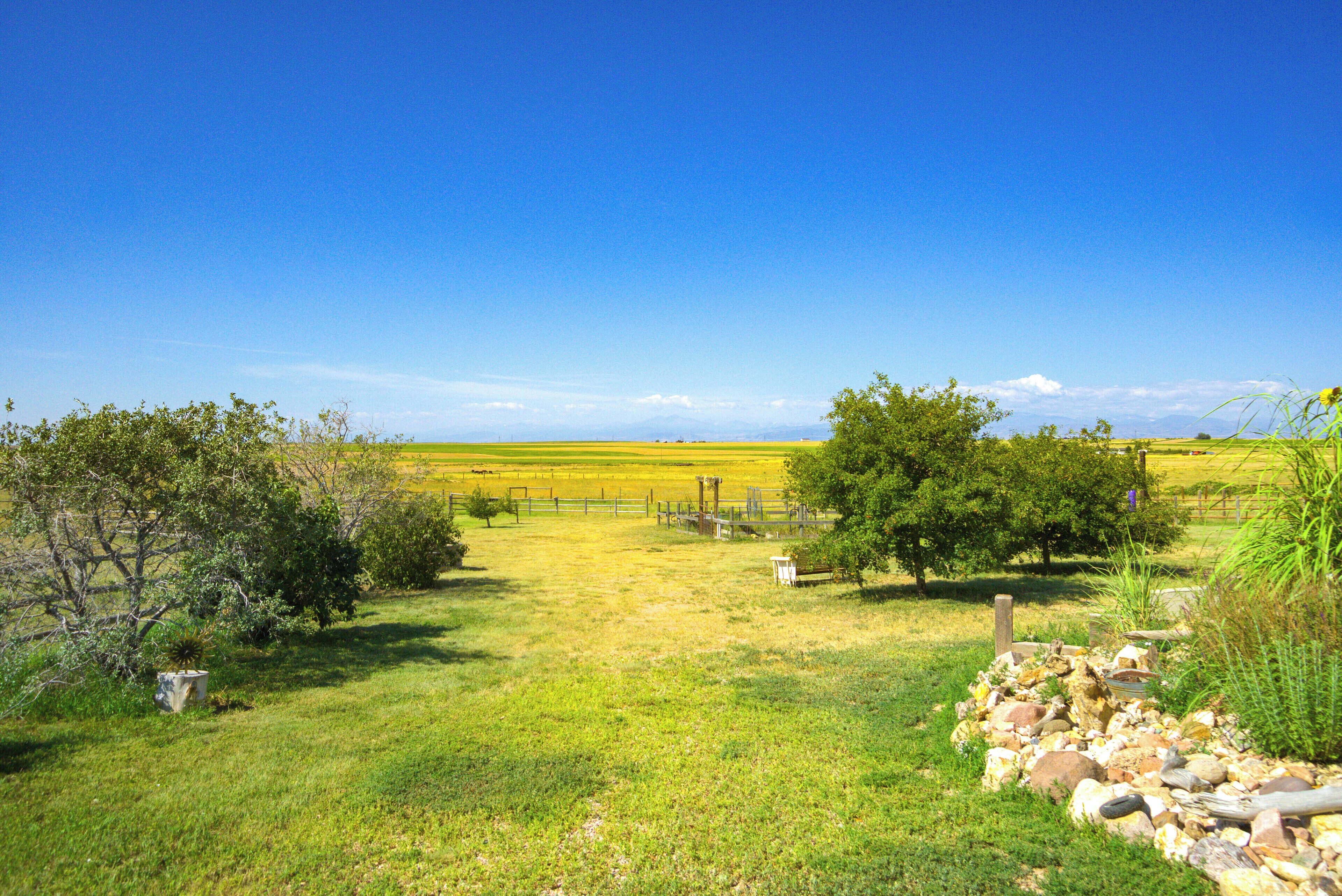Paisaje rural con cielo despejado, un campo y una pequeña valla de madera.