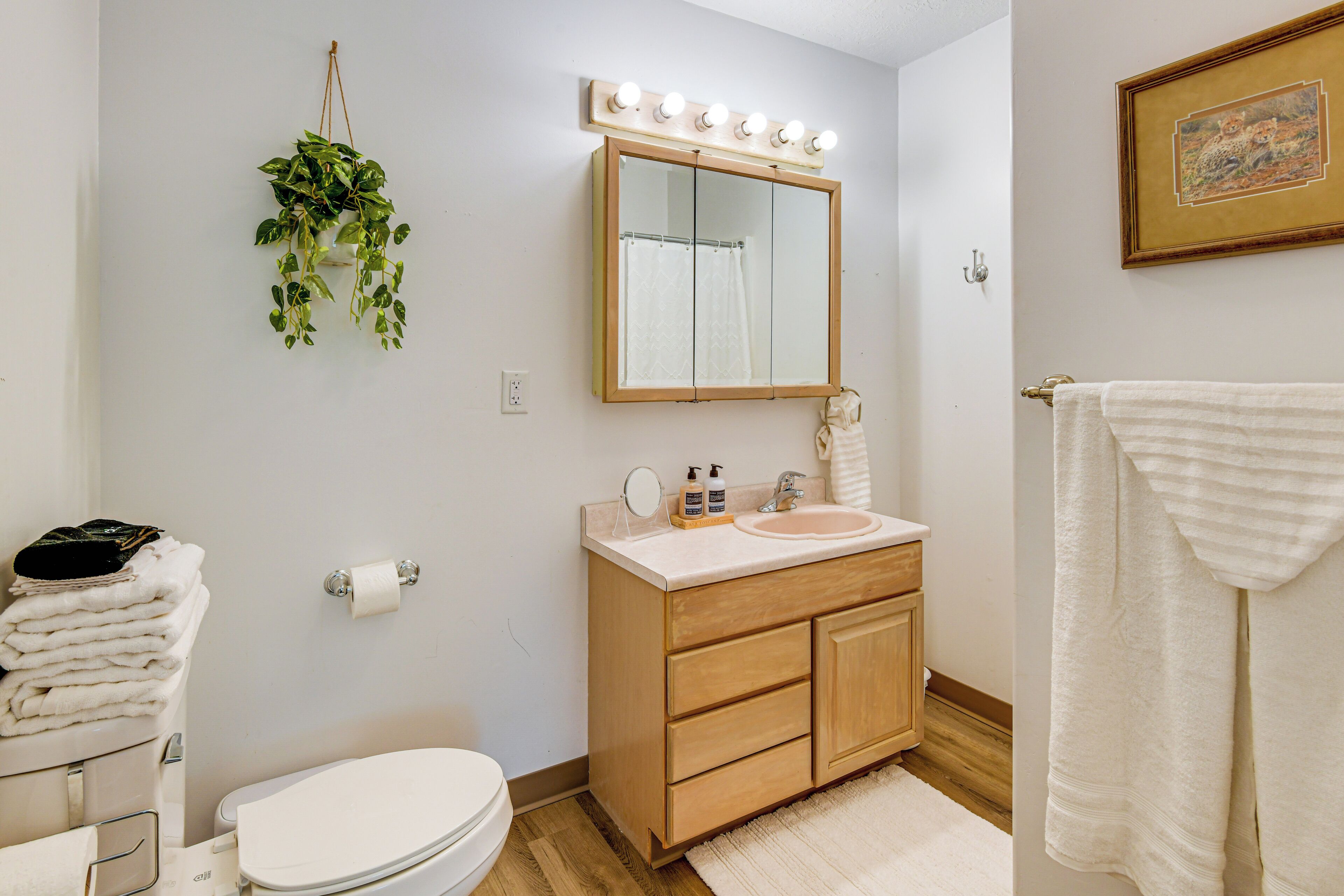 A bathroom with a toilet, sink, vanity, and a mirror with lights.