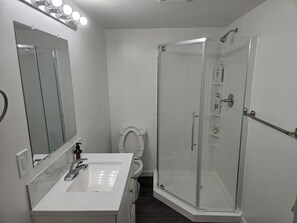 Hair dryer, towels, soap, toilet paper