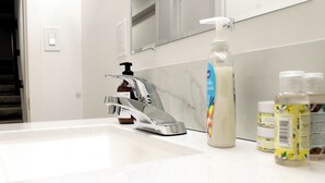 A bathroom sink with a modern faucet, a bottle of hand soap, and two toiletry bottles on the counter. - Luxury 2 bedroom basement (Winnipeg)