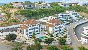 Un quartier résidentiel avec des maisons modernes, une piscine et une route sinueuse.