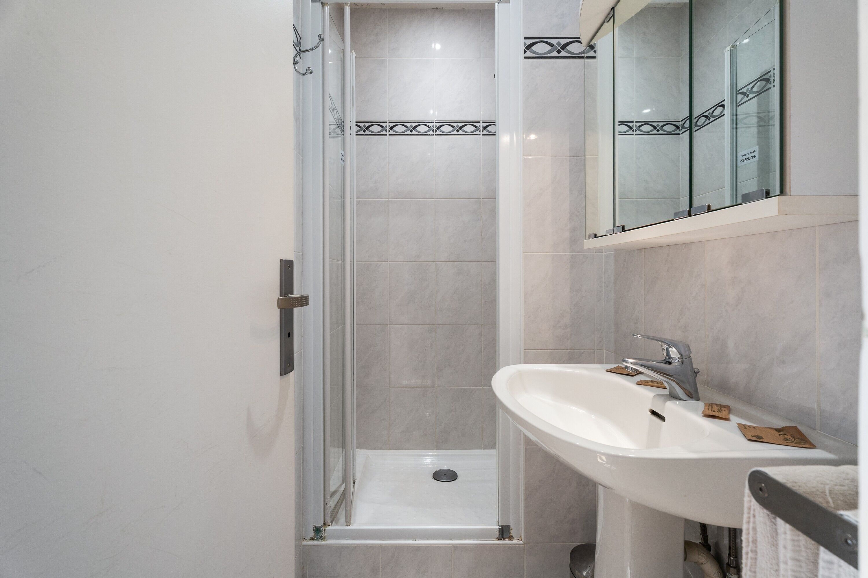 A bathroom with a shower, a sink, and a mirror.