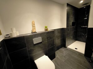 Hair dryer, towels, soap, toilet paper