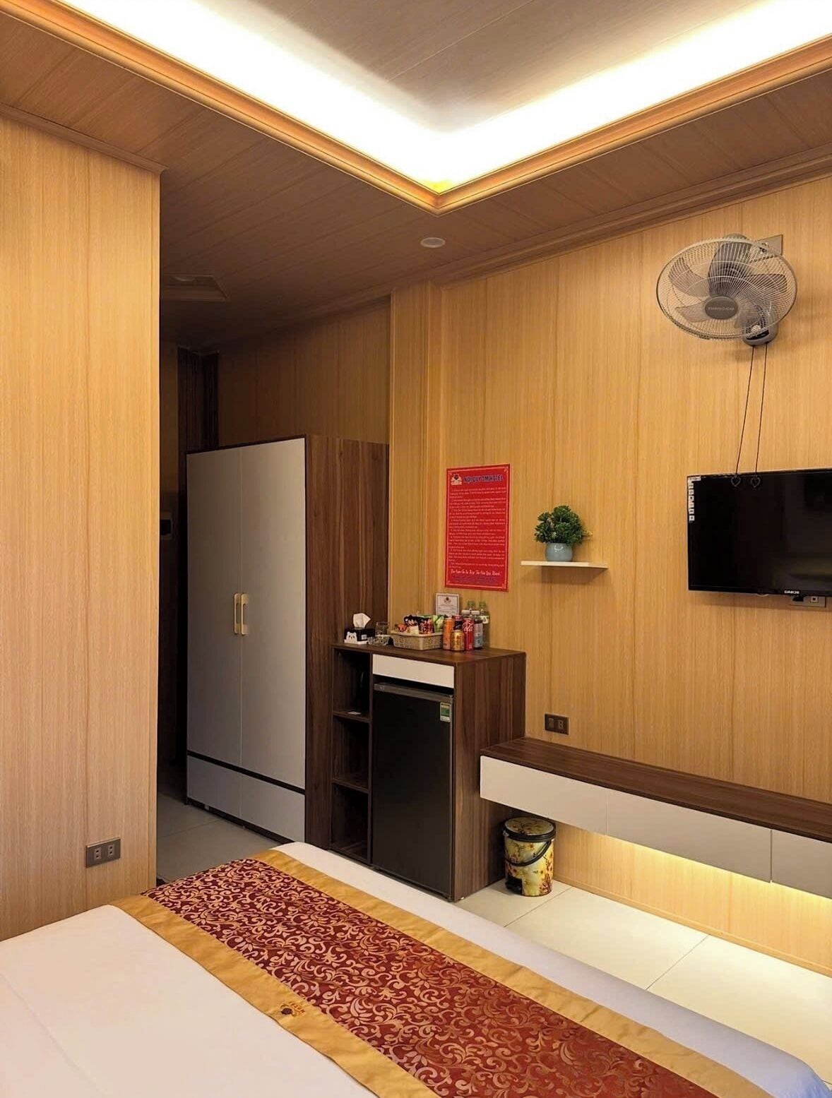 A modern hotel room with a wooden panel wall, a flat-screen TV mounted above a wooden console, a minibar, and a small plant on the console.