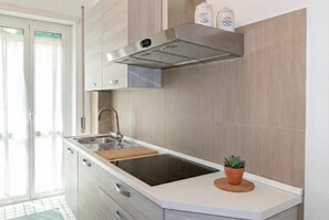 A modern kitchen with a stainless steel sink, a wooden cutting board, and a potted plant on the countertop. - Superior Apartment with Balcony (ROMA)