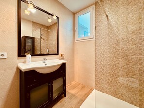 Shower, hair dryer, shampoo