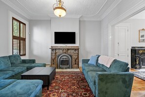 TV, fireplace, books, computer monitors