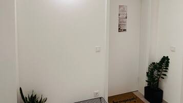 A hallway with a white wall, a door, a potted plant, a black wire shelf, and a doormat.