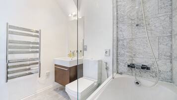 Hair dryer, towels, soap, toilet paper