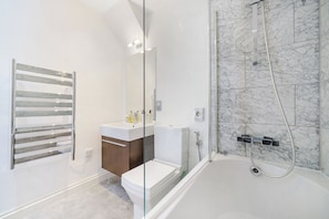 Hair dryer, towels, soap, toilet paper