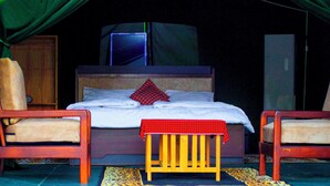 A bedroom with a bed, two chairs, a small table, and a television on a stand. - Daga Camp – Bed & Breakfast with a Hunting Edge in Mikumi (Mikumi)