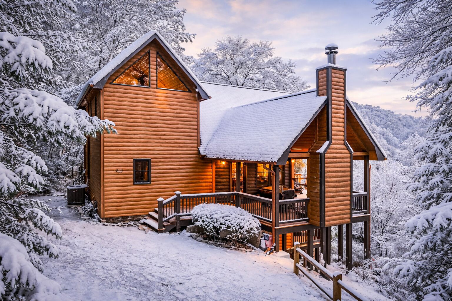 A log cabin with a porch and a chimney, surrounded by snow-covered trees.