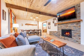 TV, fireplace, foosball, books