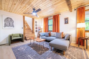 TV, fireplace, table football, books