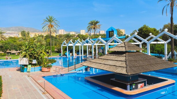 A swimming pool with a thatched-roof structure, surrounded by palm trees and a clear blue sky.