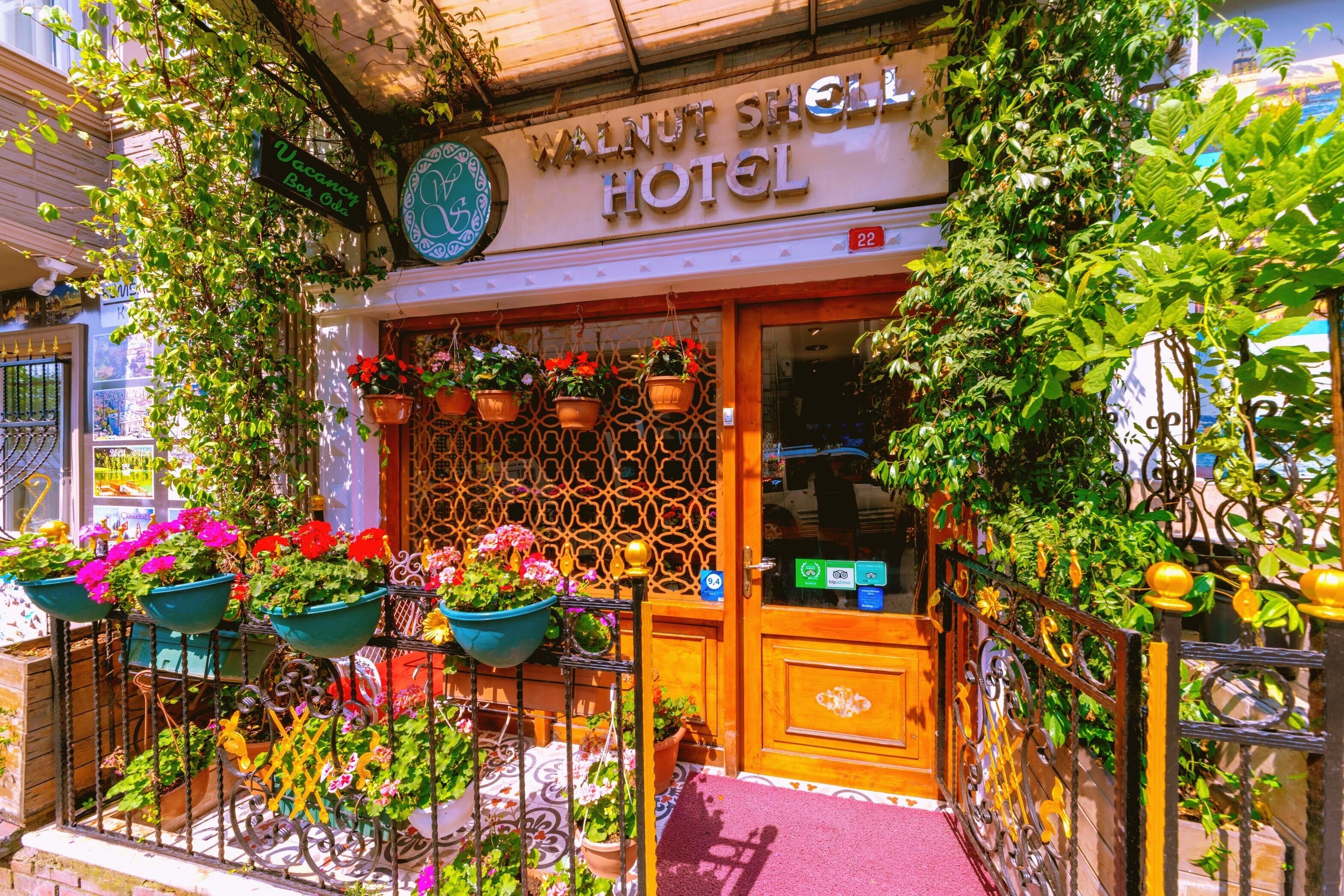 The exterior of Walnut Shell Hotel with a wooden door, potted plants, and a sign indicating vacancy.