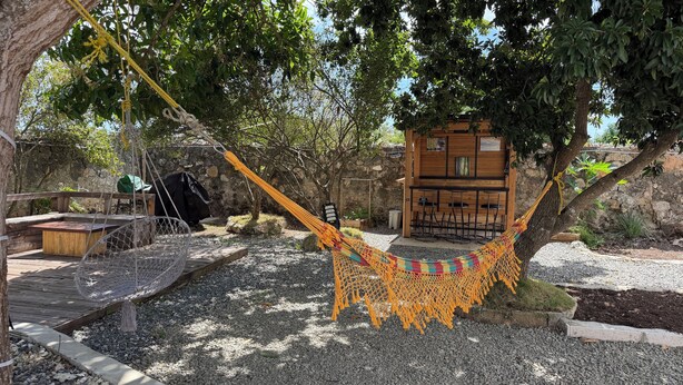 A hammock under a tree, a wooden bench, and a small wooden structure with a bar. - appartement,calme,securise entre mer et campagne (Juan Dolio)