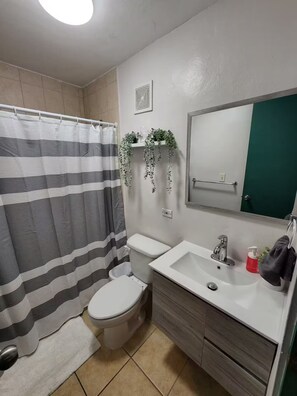 Een badkamer met een gestreept douchegordijn, een toilet, een wastafel met spiegel en een kleine plant op een plank.