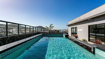 A rooftop swimming pool with clear blue water, surrounded by a modern building with large windows and a view of the cityscape.