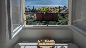 A balcony with a view of a lake and mountains, a small round table, and a potted plant. - La Casa Della Seta  (Tremezzo)
