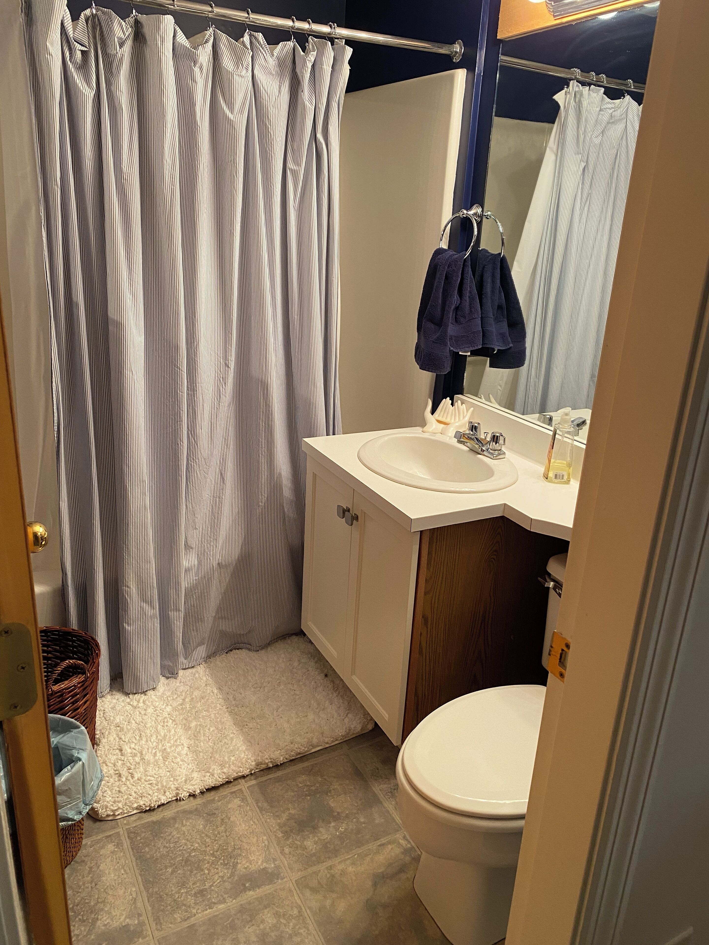 A bathroom with a shower curtain, a sink, a mirror, and a toilet.
