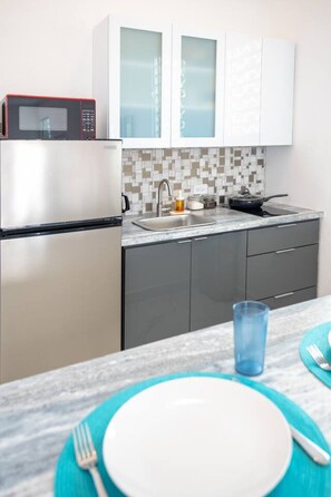 Fridge, microwave, stovetop, coffee/tea maker