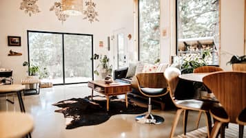 Smart TV, fireplace, books