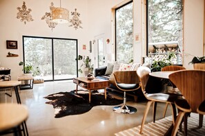 Smart TV, fireplace, books