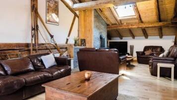 Smart TV, fireplace, video games, DVD player