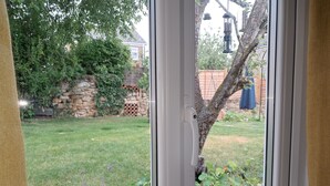 A window with a view of a garden, a stone wall, and a tree. - Robin's Nest, your home from home (Wilbarston)